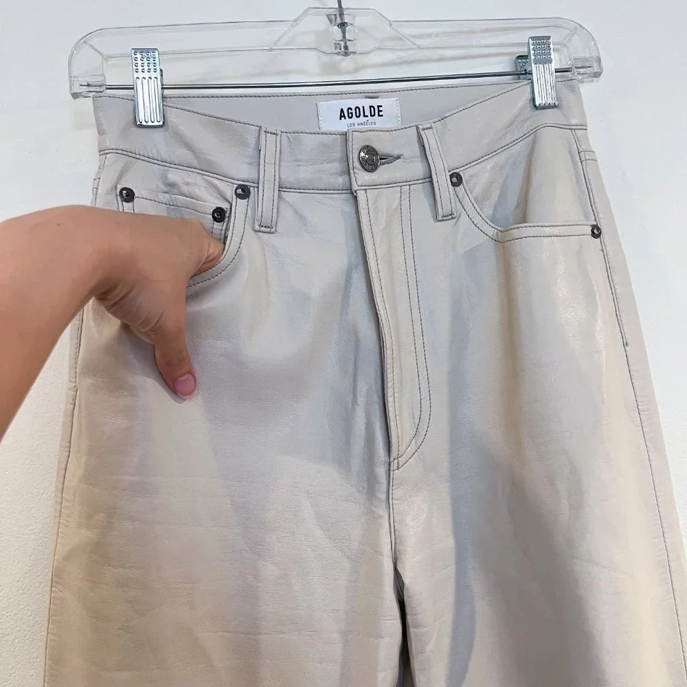 Agolde 90s Pinch Waist Cream Recycled Leather High Waist Straight Leg Pants 24 - Picture 5 of 13